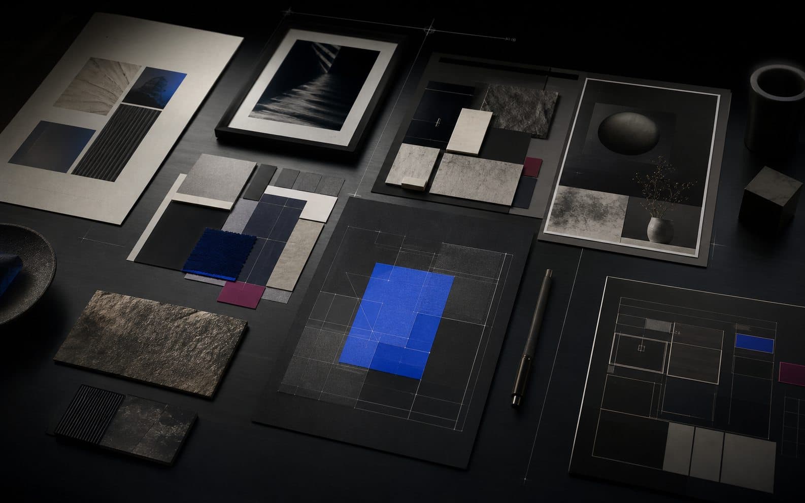 Moodboard sombre et précis composé de matières, d'écrans et de repères visuels pour une direction artistique.